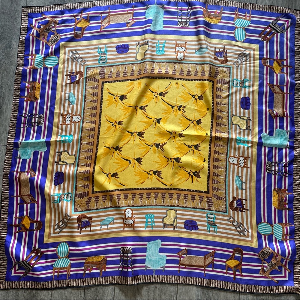 Vintage Perry Ellis Silk Scarf ,Rare Furniture Print , Made in Japan